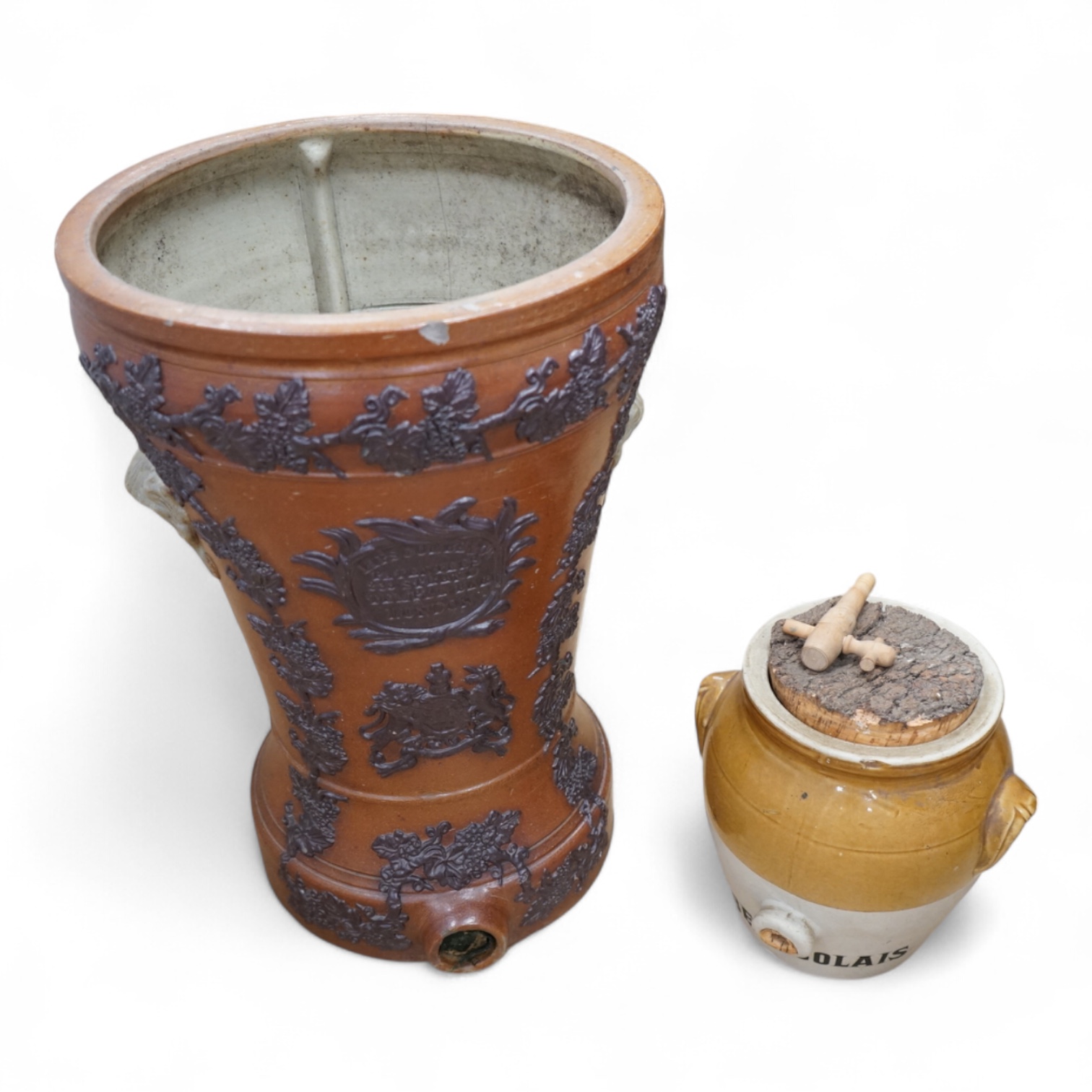 A Victorian salt glazed water filter and a stoneware jar, tallest 48cm
